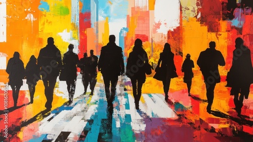 An abstract painting of a group of people walking down a city street, the silhouettes are in black and the background is a vibrant array of colors.
