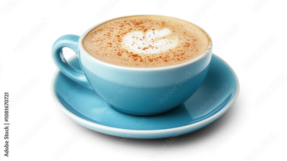 A cup of cappuccino with cinnamon on top, in a blue cup and saucer, isolated on white background. A cup of cappuccino with cinnamon on top, in a blue cup and saucer, isolated on white background.