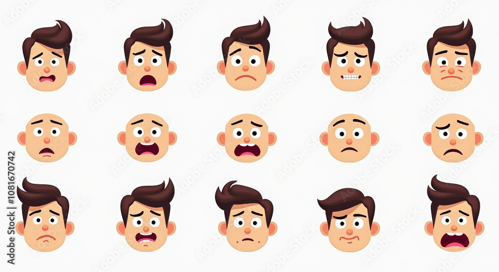 Cartoon Facial Expressions Illustration Set Featuring a Variety of Emotions with Hair and Bald Options. Perfect for Graphics, Emoticons, and Design Projects. Cartoon Facial Expressions Illustration Set Featuring a Variety of Emotions with Hair and Bald Options. Perfect for Graphics, Emoticons, and Design Projects.