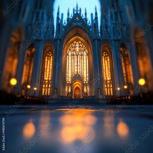 Majestic cathedral interior with stained glass windows and ornate architecture