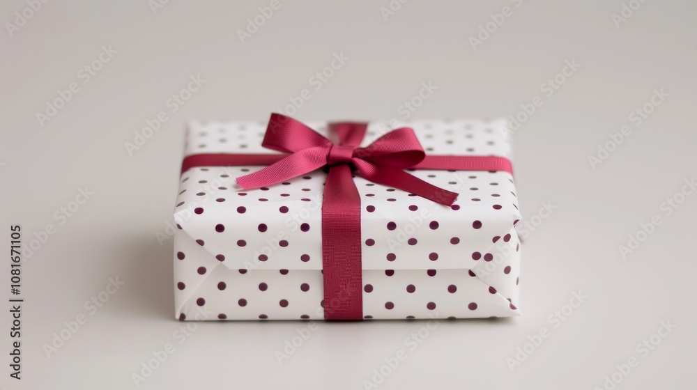 A white gift box with maroon polka dots and a maroon ribbon bow. A white gift box with maroon polka dots and a maroon ribbon bow.