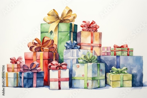 Craft a watercolor painting showcasing beautifully wrapped Christmas presents in varied shapes sizes