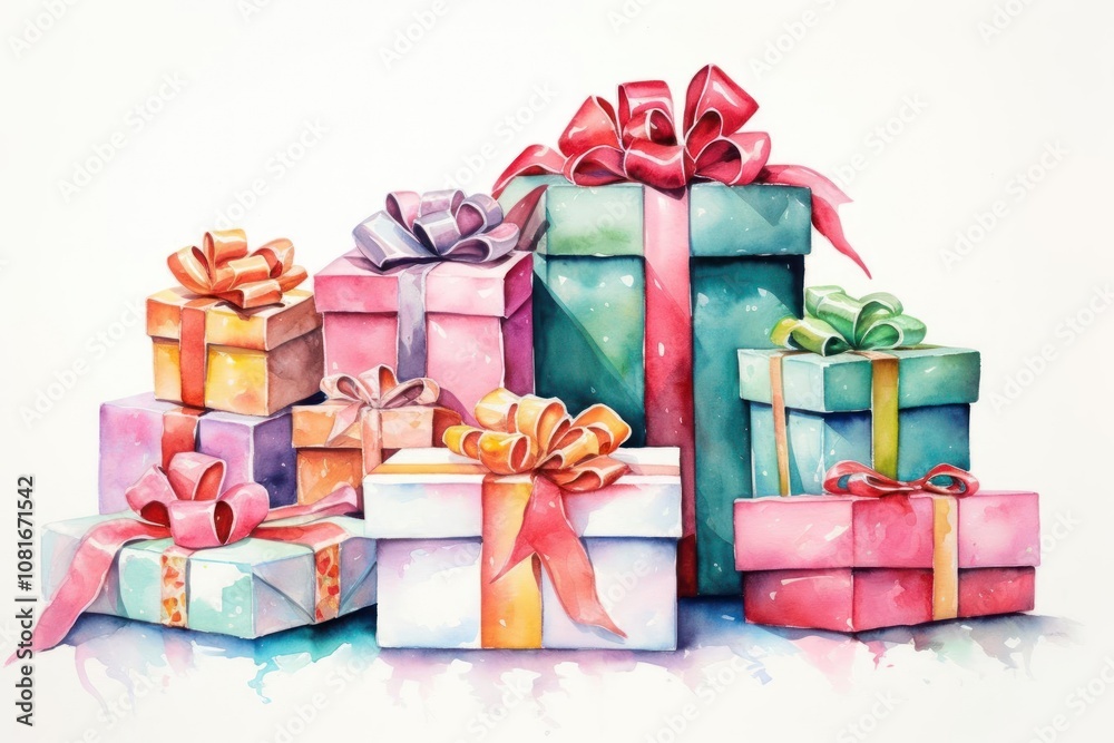 Fototapeta premium Create a watercolor-style graphic of assorted festive Christmas presents with bows ribbons