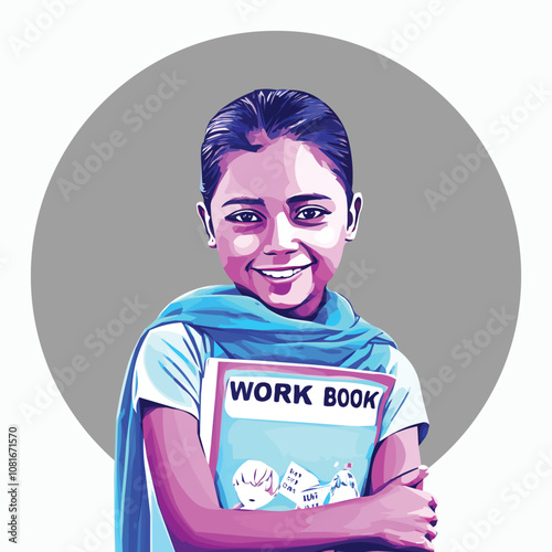 Indian Rural kid girl with book vector illustration