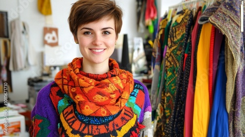 A woman wearing a colorful sweater and scarf is smiling