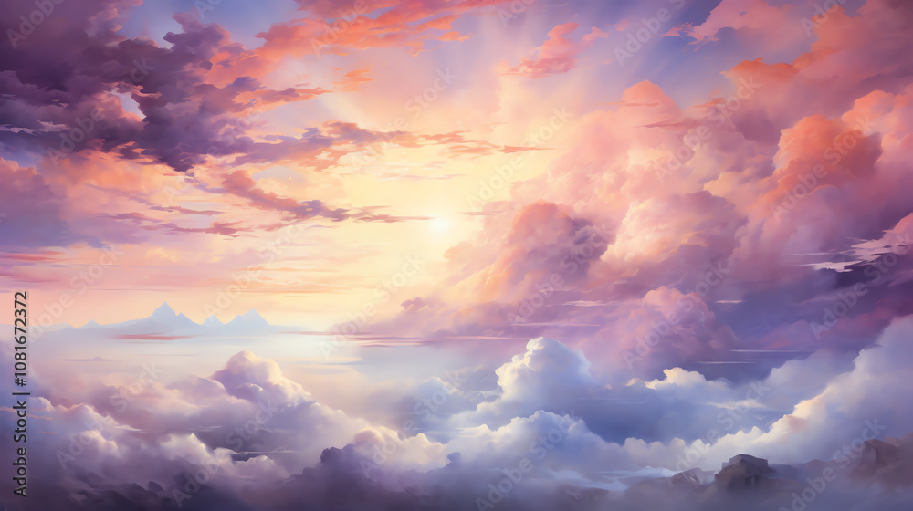 High-angle view of a dramatic sunset illuminating fluffy clouds, intense shades of purple and red, watercolor technique, evoking a sense of wonder and tranquility High-angle view of a dramatic sunset illuminating fluffy clouds, intense shades of purple and red, watercolor technique, evoking a sense of wonder and tranquility