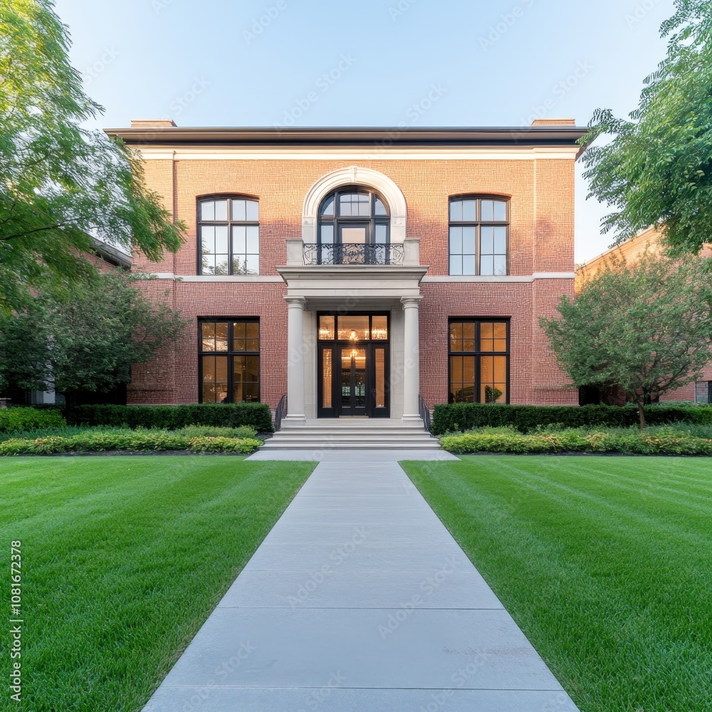 Elegant brick building with arched windows and a grand entrance surrounded by lush greenery Elegant brick building with arched windows and a grand entrance surrounded by lush greenery