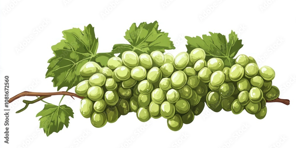 Obraz premium A bunch of green grapes with leaves on a vine.