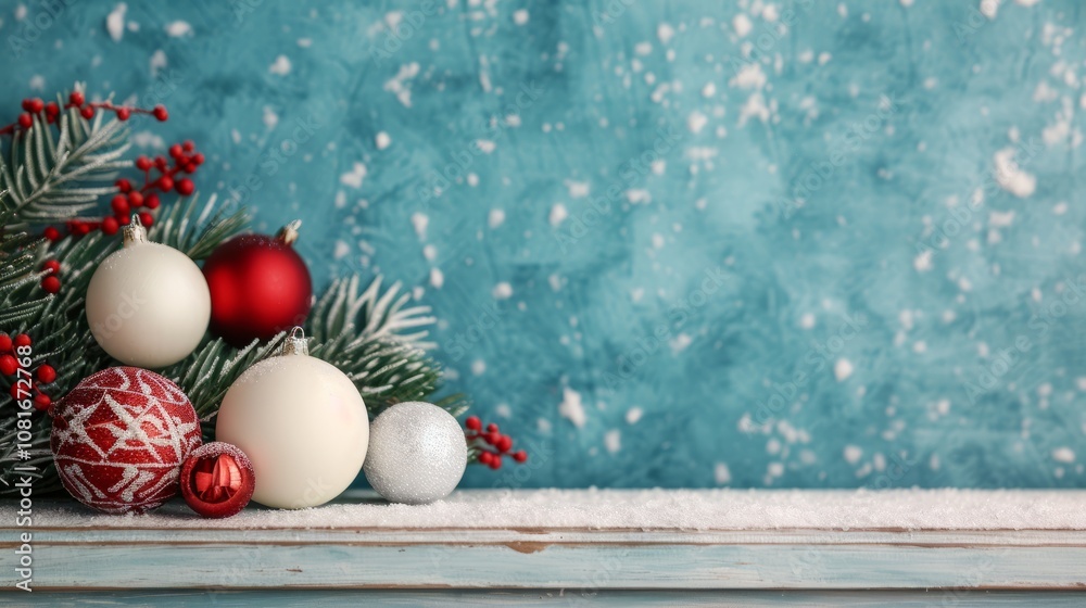 Christmas ornaments and pine branches on a snowy wooden shelf against a blue background. Christmas ornaments and pine branches on a snowy wooden shelf against a blue background.