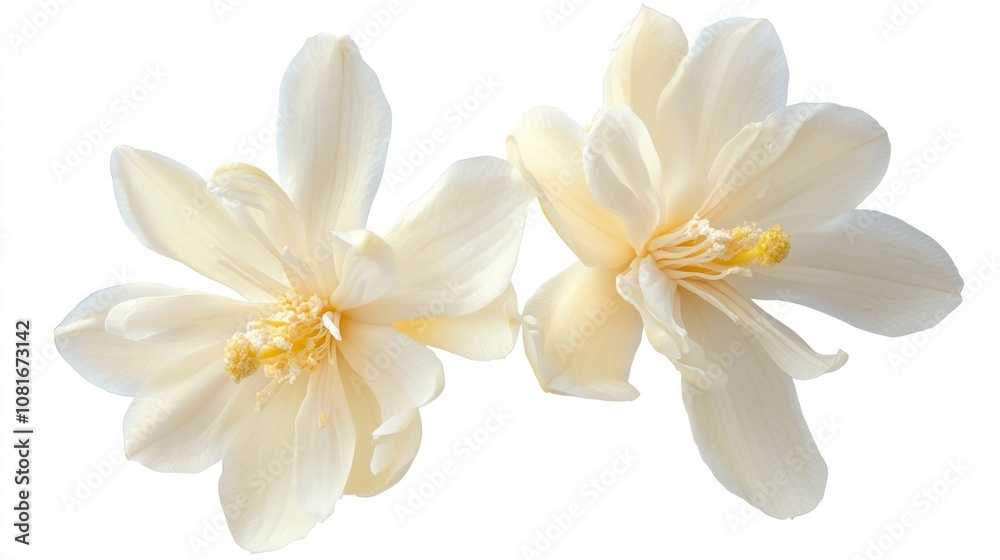 Two delicate white flowers with yellow centers isolated on a white background. Two delicate white flowers with yellow centers isolated on a white background.