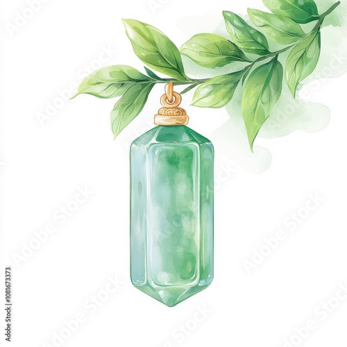 Chinese New Year Watercolor Clip arts. A beautiful green crystal pendant hanging from a branch with vibrant green leaves, set against a clean white background. photo