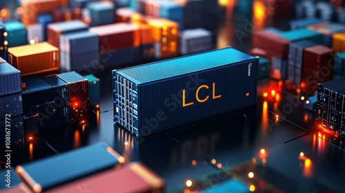 Shipping container with lcl marking surrounded by cargo arrangements in a busy port environment