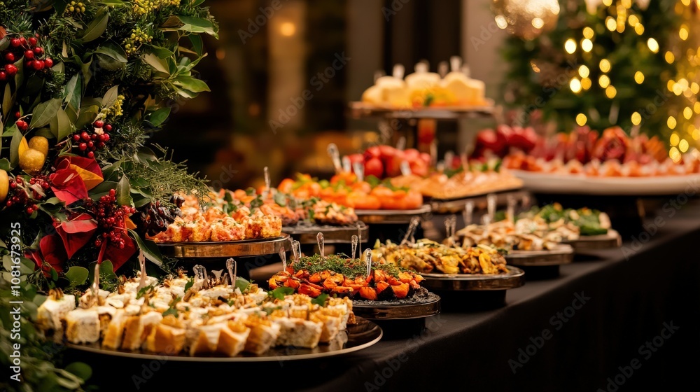 Festive Buffet Table with Appetizers and Decorations Festive Buffet Table with Appetizers and Decorations