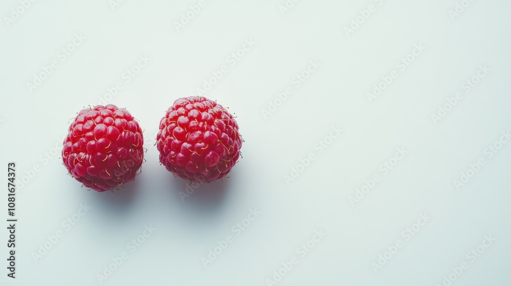 Two ripe raspberries on a white background, with copy space. Two ripe raspberries on a white background, with copy space.