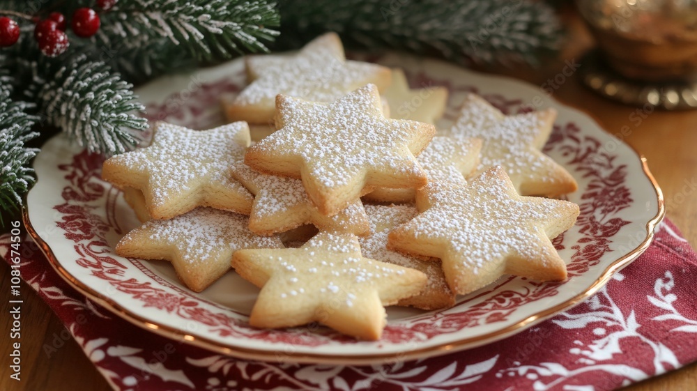 A beautifully plate of holiday cookies shaped like stars and trees, dusted with powdered sugar, festive napkin underneath A beautifully plate of holiday cookies shaped like stars and trees, dusted with powdered sugar, festive napkin underneath