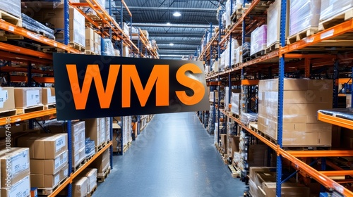 Warehouse management system wms signage in modern distribution center interior view for inventory efficiency
