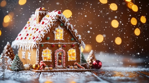 A beautifully decorated gingerbread house with icing details and candy accents, sugar snow on a dark wood background