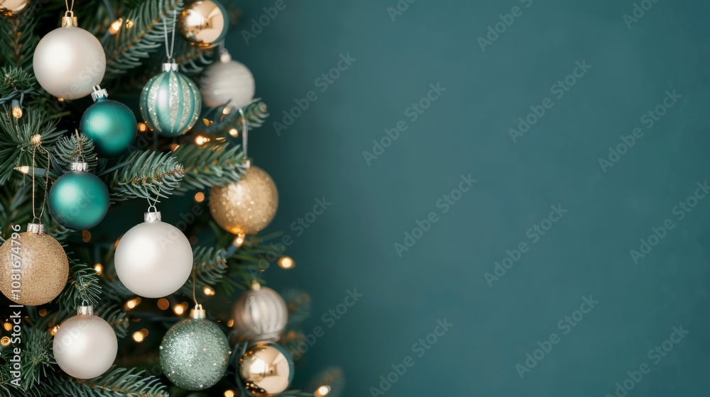 Closeup of a decorated Christmas tree with white, gold, and teal ornaments against a teal wall with copy space. Closeup of a decorated Christmas tree with white, gold, and teal ornaments against a teal wall with copy space.