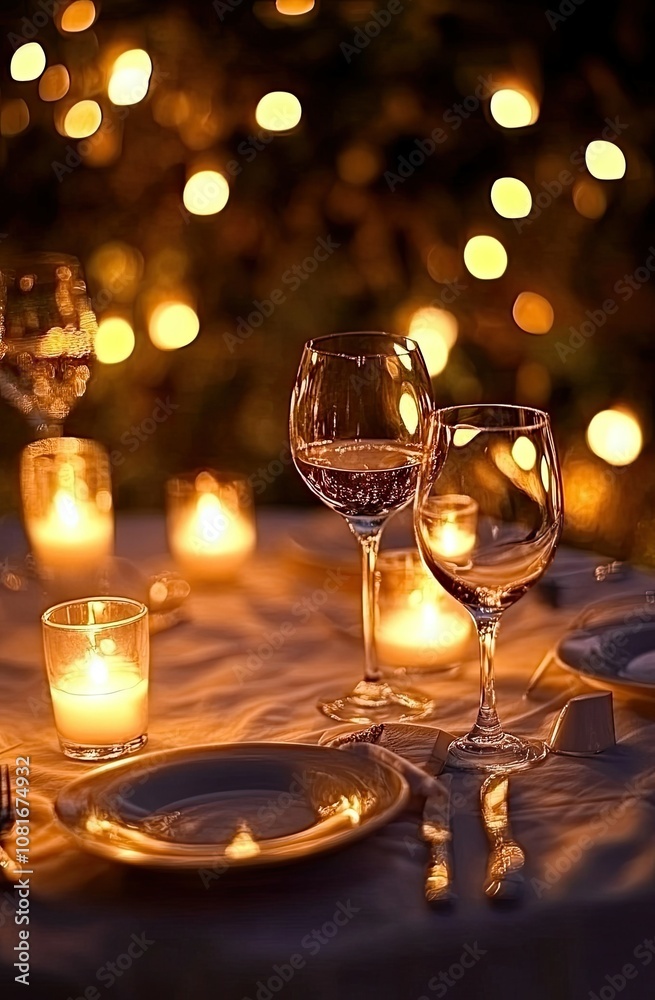 A candlelit dinner for two, with a white tablecloth and wine glasses on the side of each plate A candlelit dinner for two, with a white tablecloth and wine glasses on the side of each plate