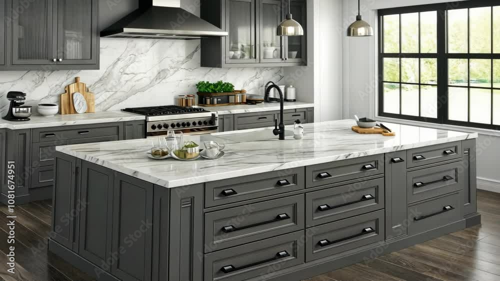 A modern kitchen island with sleek dark gray cabinets and white marble ...