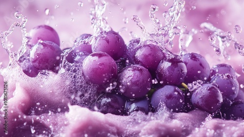 A bunch of purple grapes are in a splash of water