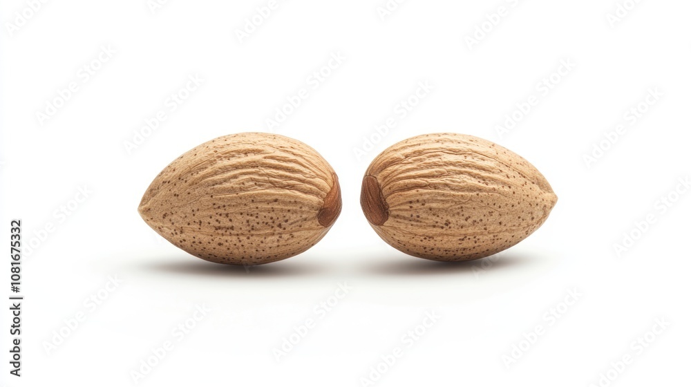 Two whole almonds, in shell, isolated on a white background. Two whole almonds, in shell, isolated on a white background.