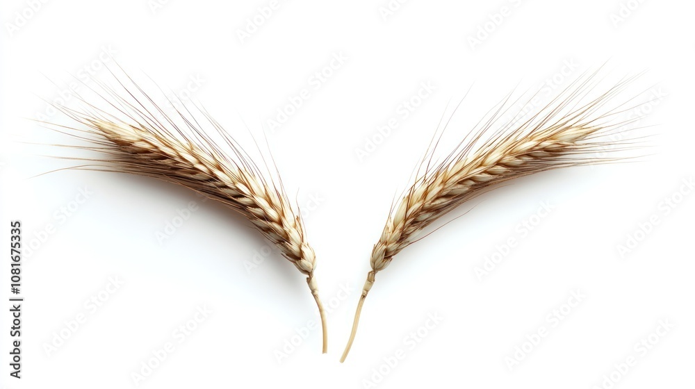 Two wheat stalks with golden brown grains and long stems, arranged in a v-shape on a white background. Two wheat stalks with golden brown grains and long stems, arranged in a v-shape on a white background.