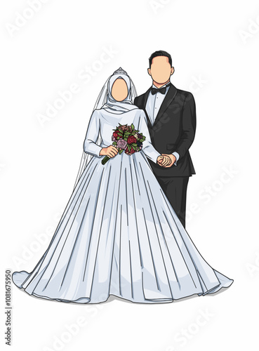 Vector illustration of a beautiful wedding couple, bride and groom in a standing position with a bouquet. Faceless cartoon potrait 