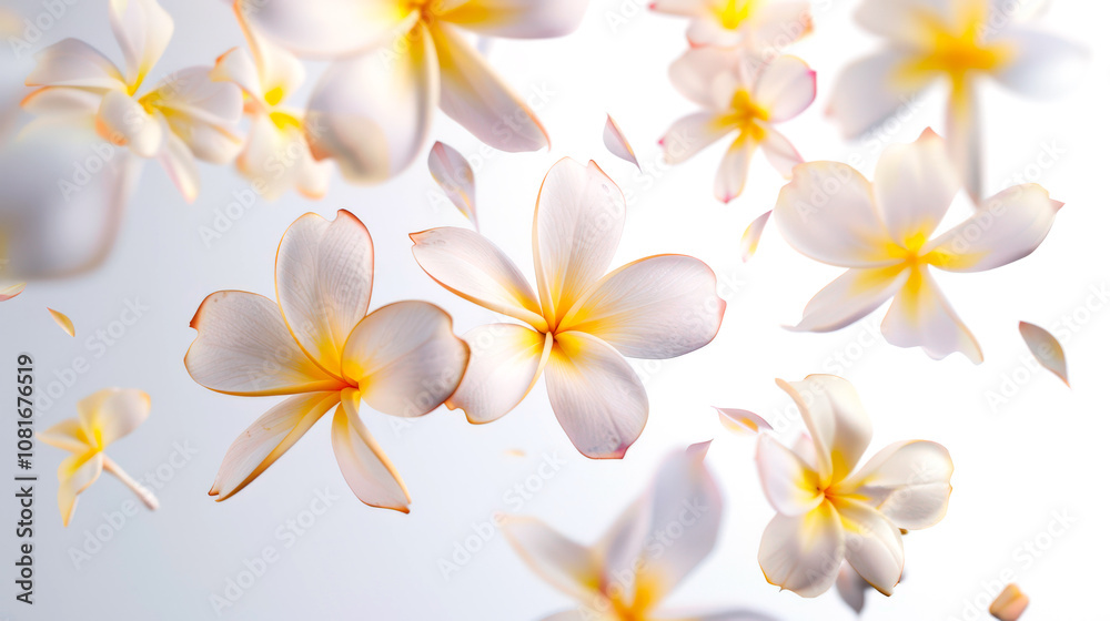 Exotic spa plumeria flowers float in the air on a white background. A symbol of spring, love and femininity. The concept of the poster for March 8 Exotic spa plumeria flowers float in the air on a white background. A symbol of spring, love and femininity. The concept of the poster for March 8