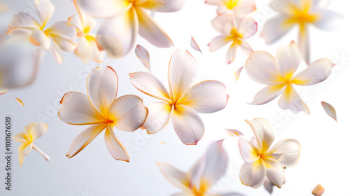 Exotic spa plumeria flowers float in the air on a white background. A symbol of spring, love and femininity. The concept of the poster for March 8