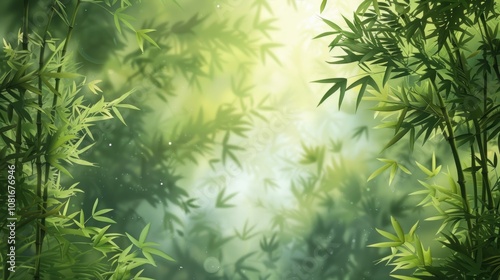 A bamboo forest background with tall, slender stalks and dappled sunlight filtering through the leaves, offering a refreshing and zen-like atmosphere.