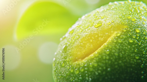 Close-up of a fresh green lime with water droplets.
