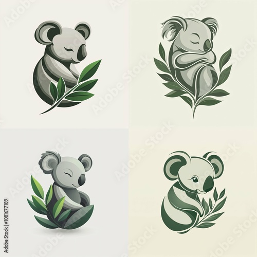 A sleek minimalist logo collection showcasing a stylized koala in gray and green, artfully combined with a eucalyptus leaf. photo