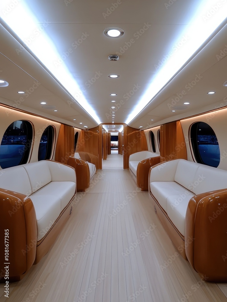 Fototapeta premium Luxurious private jet interior design modern aviation high-end lounge sleek environment wide angle view sophisticated travel concept