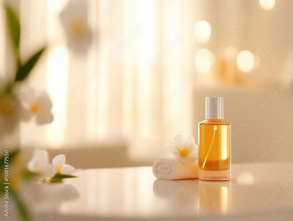 A serene setting featuring a bottle of essential oil alongside a soft towel and delicate flowers. A serene setting featuring a bottle of essential oil alongside a soft towel and delicate flowers.