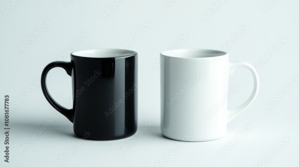 Two cups, one black and one white, are sitting on a white surface Two cups, one black and one white, are sitting on a white surface