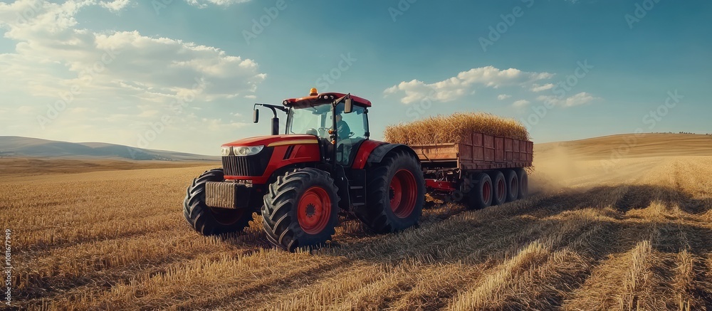 Obraz premium A red tractor pulls a trailer filled with hay through a field of golden stubble.