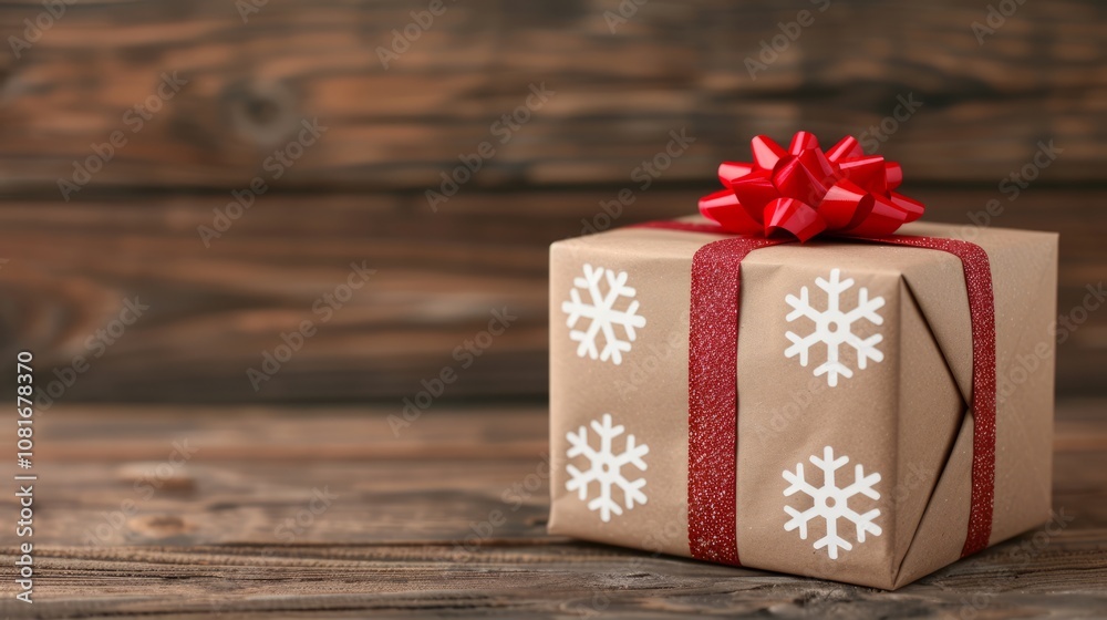 Fototapeta premium Gift box wrapped in brown paper with red ribbon and snowflake design on a wooden background.