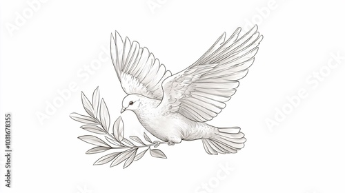 illustration of a dove holding an olive branch on a white background, representing peace and harmony with gentle lines.