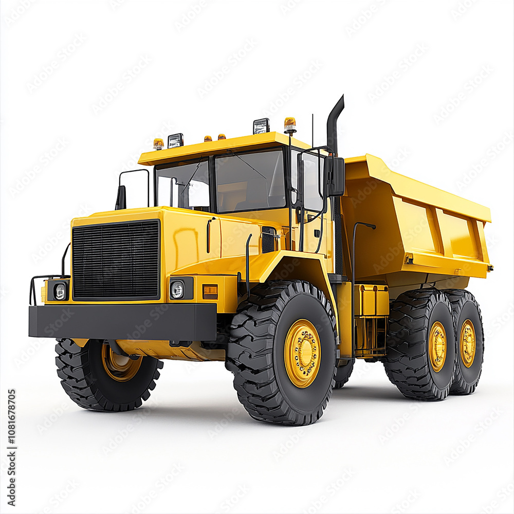 A yellow construction vehicle with a black cab isolated on white background
