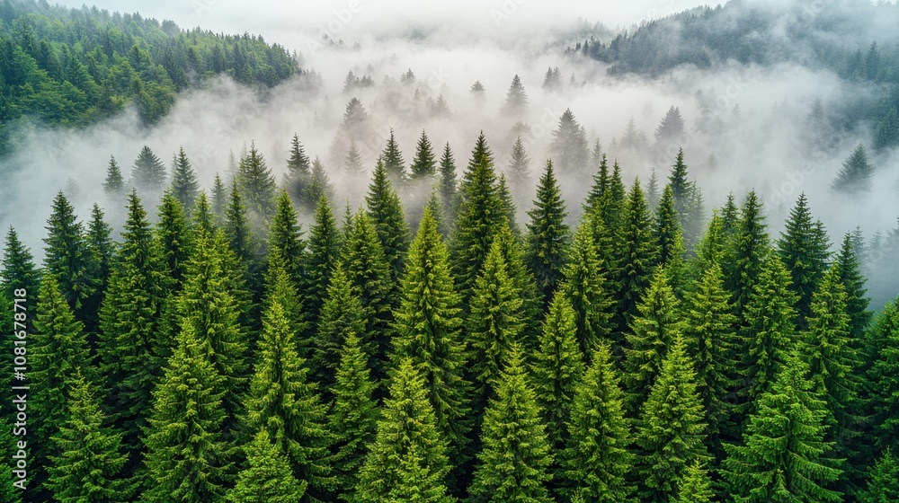 Majestic Evergreen Forest Misty Mountain Landscape Aerial View