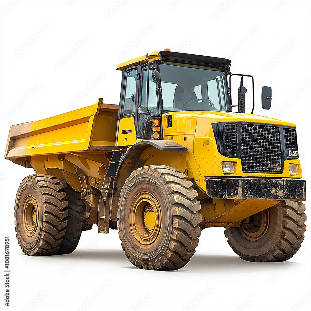 A yellow construction vehicle with a black cab isolated on white background A yellow construction vehicle with a black cab isolated on white background