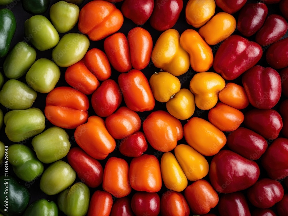 A vibrant arrangement of colorful bell peppers in various shades. A vibrant arrangement of colorful bell peppers in various shades.