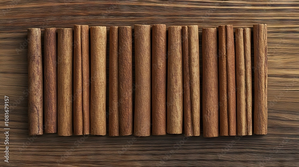 Row of cinnamon sticks aside on a wooden surface close up, aromatic baking ingredient made from bark, popular flavoring spice for Christmas meal and desserts Row of cinnamon sticks aside on a wooden surface close up, aromatic baking ingredient made from bark, popular flavoring spice for Christmas meal and desserts