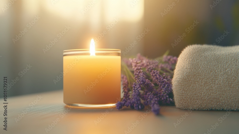 A serene setting with a lit candle, lavender flowers, and a soft towel, perfect for relaxation. A serene setting with a lit candle, lavender flowers, and a soft towel, perfect for relaxation.