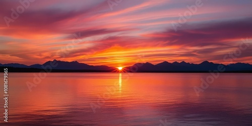 Stunning sunset over mountain range tranquil lake landscape photography nature's beauty wide angle view serenity and reflection
