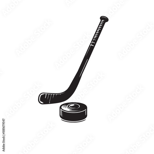 Hockey stick and puck silhouette. Ice hockey stick and puck vector design black and white.