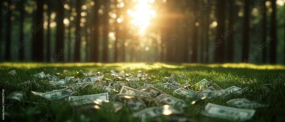A pile of money scattered on lush green grass in a serene forest setting. A pile of money scattered on lush green grass in a serene forest setting.