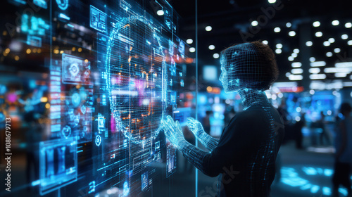 futuristic digital art scene depicting person interacting with holographic technology, surrounded by glowing data displays and bustling environment