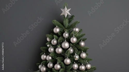 Minimalist silver Christmas tree against dark gray wall. photo